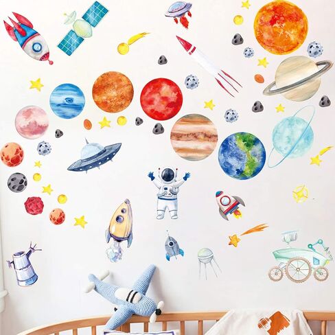 Space Wall Decals,Space Wall Stickers Planets Astronaut Rocket Spacecraft Alien Galaxy Wall Decals Solar System Stickers Outer Space Room Decor for Kids Boys Girls Toddler Nursery Bedroom Decor in Kuwait