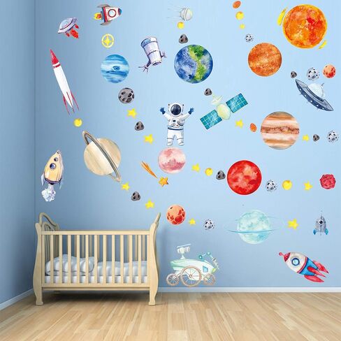 Space Wall Decals,Space Wall Stickers Planets Astronaut Rocket Spacecraft Alien Galaxy Wall Decals Solar System Stickers Outer Space Room Decor for Kids Boys Girls Toddler Nursery Bedroom Decor in Kuwait