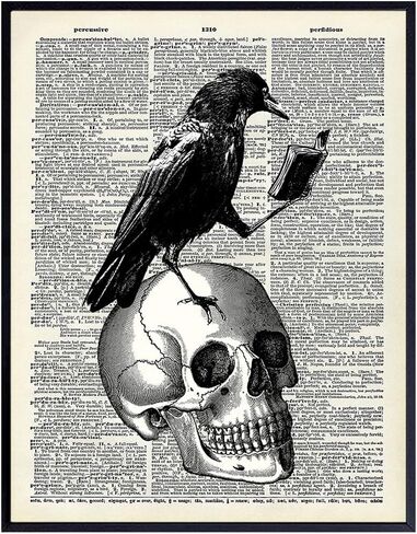 Gothic Edgar Allan Poe The Raven Poster - 8x10 Hipster Vintage Skull Wall Art, Home Decor or Room Decoration - Funny Unique Affordable Gift for Goth Fans - Dictionary Art Photo Picture Print in Saudi Arabia