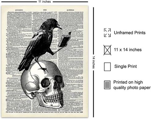 Gothic Edgar Allan Poe The Raven Poster - 8x10 Hipster Vintage Skull Wall Art, Home Decor or Room Decoration - Funny Unique Affordable Gift for Goth Fans - Dictionary Art Photo Picture Print in Saudi Arabia
