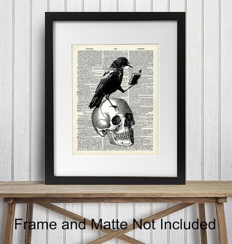 Gothic Edgar Allan Poe The Raven Poster - 8x10 Hipster Vintage Skull Wall Art, Home Decor or Room Decoration - Funny Unique Affordable Gift for Goth Fans - Dictionary Art Photo Picture Print in Saudi Arabia