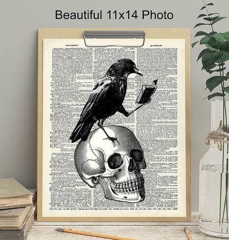 Gothic Edgar Allan Poe The Raven Poster - 8x10 Hipster Vintage Skull Wall Art, Home Decor or Room Decoration - Funny Unique Affordable Gift for Goth Fans - Dictionary Art Photo Picture Print in Saudi Arabia