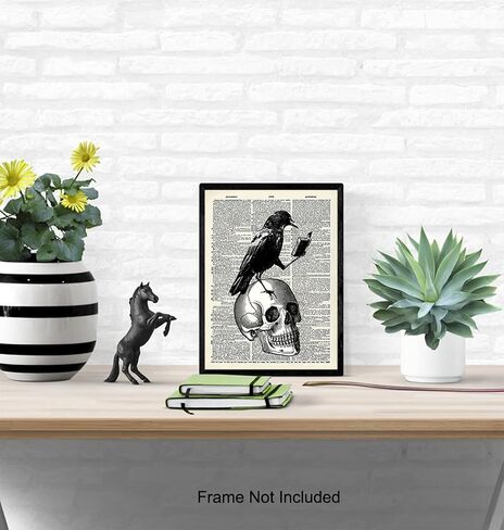 Gothic Edgar Allan Poe The Raven Poster - 8x10 Hipster Vintage Skull Wall Art, Home Decor or Room Decoration - Funny Unique Affordable Gift for Goth Fans - Dictionary Art Photo Picture Print in Saudi Arabia