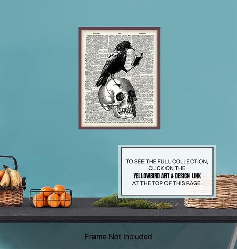 Gothic Edgar Allan Poe The Raven Poster - 8x10 Hipster Vintage Skull Wall Art, Home Decor or Room Decoration - Funny Unique Affordable Gift for Goth Fans - Dictionary Art Photo Picture Print in Saudi Arabia