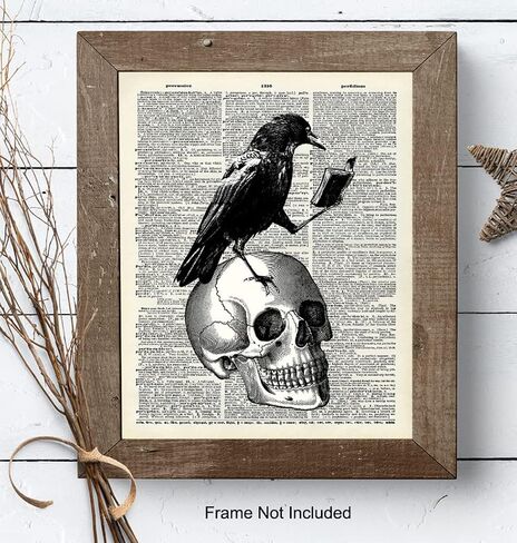 Gothic Edgar Allan Poe The Raven Poster - 8x10 Hipster Vintage Skull Wall Art, Home Decor or Room Decoration - Funny Unique Affordable Gift for Goth Fans - Dictionary Art Photo Picture Print in Saudi Arabia