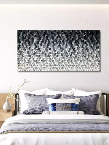 لوحات قماشية فنية من Yika، لوحة فنية جدارية ذات ملمس سميك وحديث تجريدي رائع مرسومة يدويًا لوحة زيتية تجريدية على القماش ديكور فني جداري حديث رمادي وفضي 24 × 48 بوصة in Kuwait