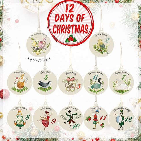 12 Pcs 12 Days of Christmas Ornaments Wooden Christmas Tree Decorations Hanging Vintage Christmas Decorations Rustic Farmhouse Ornaments Set 12 Days for Xmas Holiday Party Supplies in Saudi Arabia