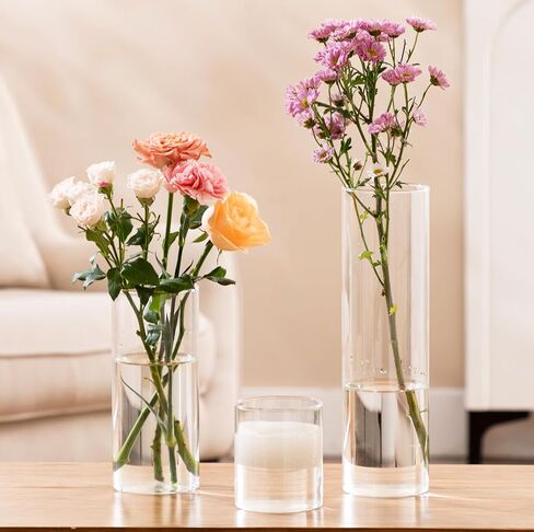 Jelofly 9PCS المزهريات اسطوانة الزجاج الشفاف للقطع المركزية 4، 8،12 بوصة طويل القامة الزجاج زهرة زهرية الإعصار حامل الشموع العائمة لديكورات الزفاف حزب الحدث ديكور المنزل الجدول in Kuwait