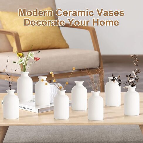 8Pcs White Vases, 5in Small White Ceramic Bud Vase Mini Pampas Grass Flowers Vases Boho Vases for Centerpieces Table Desk Decor in Kuwait