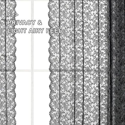 FINECITY Black Lace Kitchen Curtains 45 Inch Length, Rose Floral Pattern Vintage Lace Curtains for Small Window, Privacy Sheer Black Lace Cafe Curtains 2 Panels, 52 x 45 Inch Each, Black in Kuwait
