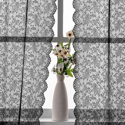 FINECITY Black Lace Kitchen Curtains 45 Inch Length, Rose Floral Pattern Vintage Lace Curtains for Small Window, Privacy Sheer Black Lace Cafe Curtains 2 Panels, 52 x 45 Inch Each, Black in Kuwait