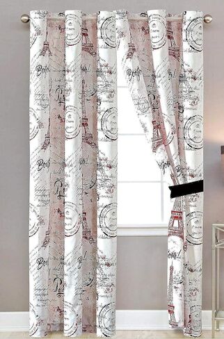 Sapphire Home 2 Panel Black and Gold Paris Curtains Set - Paris Themed Curtains w/Sheer Backing and Silver Grommet - Eiffel Tower Decor - Paris Decor for Bedroom in Saudi Arabia