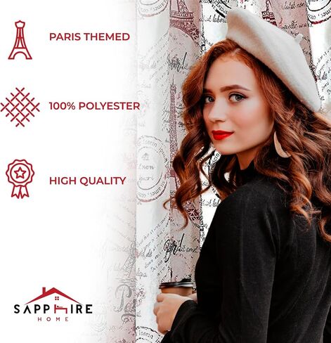 Sapphire Home 2 Panel Black and Gold Paris Curtains Set - Paris Themed Curtains w/Sheer Backing and Silver Grommet - Eiffel Tower Decor - Paris Decor for Bedroom in Saudi Arabia