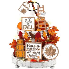 Maitys 13 Pcs Fall Tiered Tray Decor Set Thanksgiving Pumpkin Gnome Rustic Farmhouse Decor Fall Decor Autumn Harvest Decorative Trays Wooden Tabletop Signs for Home Kitchen (Orange Plaid Style)