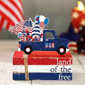 4 Pcs Patriotic Tiered Tray Decor Wooden 4th of July Decoration Farmhouse Independence Day Table Decor American Flag Truck Sign Book Block Memorial Day Patriotic Decor for Home Shelf Land of The Free