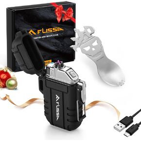 Flissa Outdoor Windproof Lighter Dual Arc Electric Lighters with Multifunction Spoon, Waterproof, USB Rechargeable, Flameless, Plasma Cool Lighters for Camping, Adventure,Survival Tactical Gear