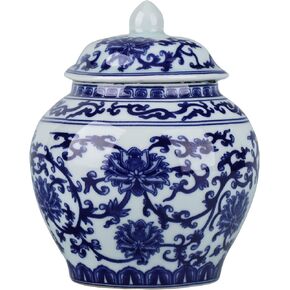 برطمان زنجبيل صيني مع غطاء بنمط عتيق من جينغدتشن، ديكور منزلي ريترو ازرق وابيض من البورسلين مغطى بالسيراميك، نمط مينغ وتشينغ الصيني التقليدي (برطمان عام) in Kuwait