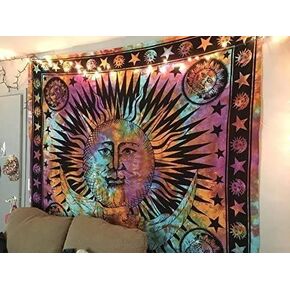 Popular Handicrafts Tapestry Wall Hanging Hippie Sun Moon Bohemian Hippy Psychedelic Design Indian Tapestries Bedspread 84 x 90 Inches (215cm x 230cm) Red Yellow in Kuwait