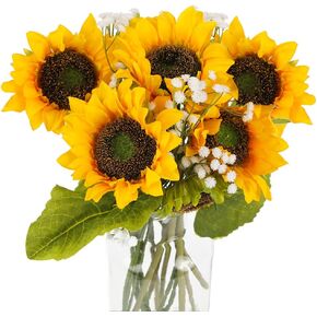 Bloomst 7PCS Artificial Sunflowers, Fake Sunflowers with 3PCS Artificial Gypsophila, Faux Silk Sunflower Decoration for Thanksgiving Home Party Wedding Decor in Saudi Arabia