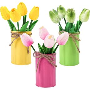 Omldggr 12 قطعة من زهور التوليب الاصطناعية مع وعاء معدني، 3 عبوات ملونة لتزيين الطاولة من زهور التوليب الاصطناعية في وعاء لطاولة المنزل والمكتب، وتزيين حفلات الربيع in Kuwait