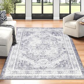 Loooom Boho Vintage Tribal Area Rugs Washable Low-Pile Floral Print Carpet Mat Indoor Decor 5x7 Light Coffee for Living Room Bedroom Farmhouse Dining Room