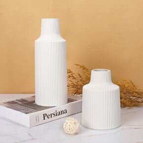 Ceramic Flower Vases, Set of 2 White Ribbed Vase for Flower Home Decor Minimalist Tall Vases for Table Centerpieces Mantel Bookshelf (11.2in+6.7in) in Kuwait