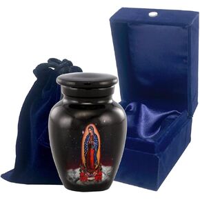 Our Lady of Guadalupe Heart Keepsake Urn, Urn and Ash Storage Religious Token Urn for Ashes, Spiritual Sharing Urn, Handcrafted Memorial Heart Urn with Velvet Case & Bag (Heart Keepsake)