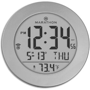 MARATHON Round Atomic Alarm Clock with Push-Button Backlight, Black - 12 or 24-Hour Time, Eight Time Zones, Indoor Temperature, Date - Two AAA Batteries Included