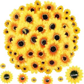 Hoteam Clip on Fake Sunflowers, Artificial Sunflower Heads with Clips, Faux Silk Sunflower, Yellow Flowers Head for Christmas Tree Wedding Bouquets DIY Craft Decor (4 in,50 Pieces)