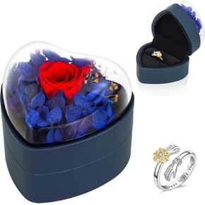 Fanadith Valentines Day Gifts for Her, Preserved Real Rose with Silver Ring, Eternal Rose Box Gifts for Women, Girlfriend and Wife on Valentine's Day Christmas Wedding Party Birthday Anniversary