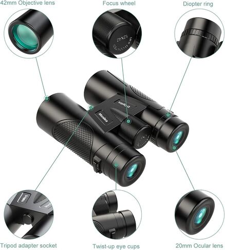 12x42 HD Binoculars for Adults with Upgraded Phone Adapter, Large View Binoculars with Durable & Clear BAK4 Prism FMC Lens，Waterproof Binoculars for Bird Watching Hunting Travel in Kuwait
