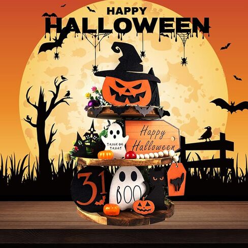 Halloween Decorations -10 Pcs Halloween Tiered Tray Decor Set, Boo Happy Halloween Signs, Cute Pumpkin, Ghost, Cat Crafts Decor, Farmhouse Tier Tray Decor Items for Room Table Home Party Favors in Saudi Arabia