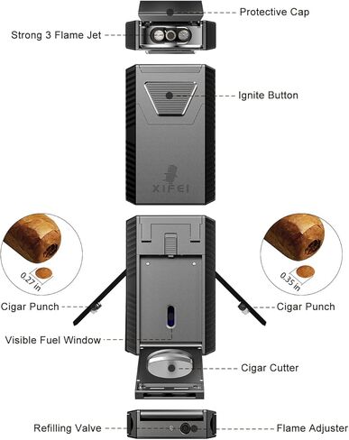 XIFEI Cigar Lighter Triple-Jet Flame, with Integrated Cigar Puncher and Double-Blade Cigar Cutter (Black) in Saudi Arabia