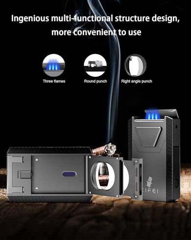 XIFEI Cigar Lighter Triple-Jet Flame, with Integrated Cigar Puncher and Double-Blade Cigar Cutter (Black) in Saudi Arabia