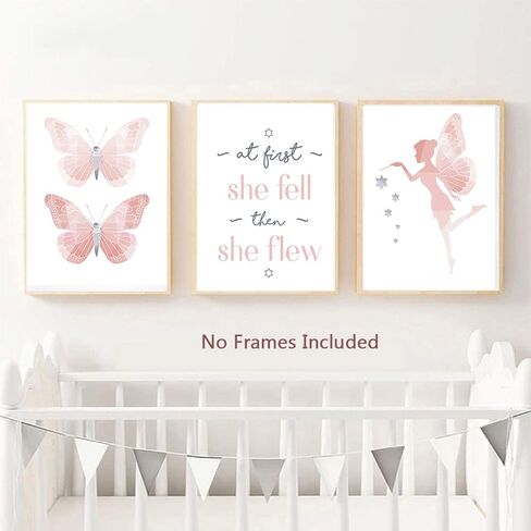 TIICA 3 Pcs Pink Butterflies Nursery Wall Art Prints, Unframed Watercolor Baby Girl Inspirational Quote Wall Decor Artwork, 8"X10" in Saudi Arabia