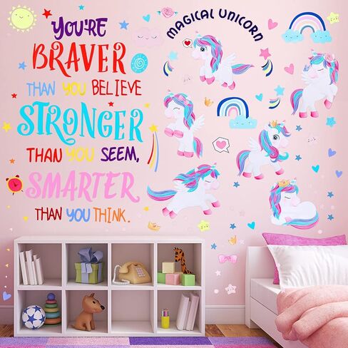 5 ورقات ملصقات حائط يونيكورن قابلة للازالة، ملصقات حائط ملونة ملهمة عبارات تحفيزية للبنات والاطفال وغرفة النوم والحضانة وحفلات اعياد الميلاد in Kuwait