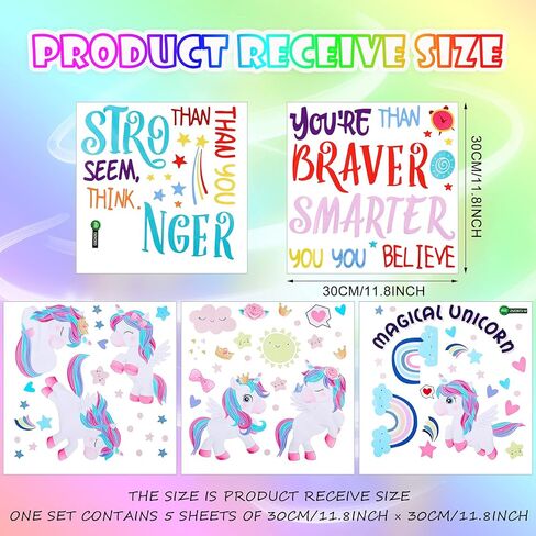 5 ورقات ملصقات حائط يونيكورن قابلة للازالة، ملصقات حائط ملونة ملهمة عبارات تحفيزية للبنات والاطفال وغرفة النوم والحضانة وحفلات اعياد الميلاد in Kuwait