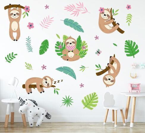 MEFOSS Funny Sloth Wall Stickers DIY Cute Sloth and Tropical Plants Flowers Leaves Wall Decals Peel and Stick Sloth Wall Decals Art for Boys Girls Room Playroom Baby Nursery Wall Decor in Saudi Arabia