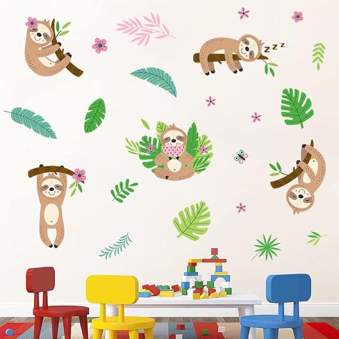 MEFOSS Funny Sloth Wall Stickers DIY Cute Sloth and Tropical Plants Flowers Leaves Wall Decals Peel and Stick Sloth Wall Decals Art for Boys Girls Room Playroom Baby Nursery Wall Decor in Saudi Arabia