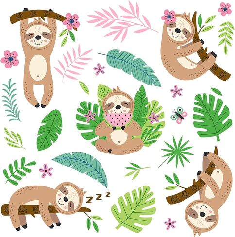 MEFOSS Funny Sloth Wall Stickers DIY Cute Sloth and Tropical Plants Flowers Leaves Wall Decals Peel and Stick Sloth Wall Decals Art for Boys Girls Room Playroom Baby Nursery Wall Decor in Saudi Arabia