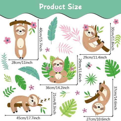 MEFOSS Funny Sloth Wall Stickers DIY Cute Sloth and Tropical Plants Flowers Leaves Wall Decals Peel and Stick Sloth Wall Decals Art for Boys Girls Room Playroom Baby Nursery Wall Decor in Saudi Arabia