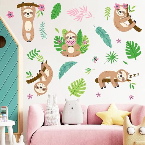 MEFOSS Funny Sloth Wall Stickers DIY Cute Sloth and Tropical Plants Flowers Leaves Wall Decals Peel and Stick Sloth Wall Decals Art for Boys Girls Room Playroom Baby Nursery Wall Decor in Saudi Arabia