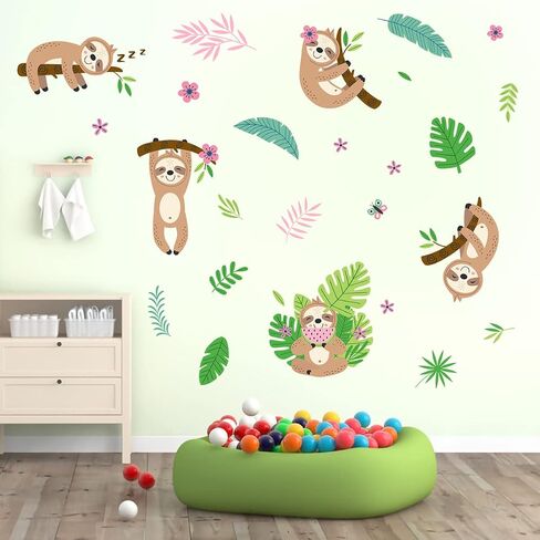 MEFOSS Funny Sloth Wall Stickers DIY Cute Sloth and Tropical Plants Flowers Leaves Wall Decals Peel and Stick Sloth Wall Decals Art for Boys Girls Room Playroom Baby Nursery Wall Decor in Saudi Arabia