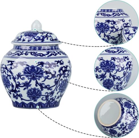 برطمان زنجبيل صيني مع غطاء بنمط عتيق من جينغدتشن، ديكور منزلي ريترو ازرق وابيض من البورسلين مغطى بالسيراميك، نمط مينغ وتشينغ الصيني التقليدي (برطمان عام) in Kuwait
