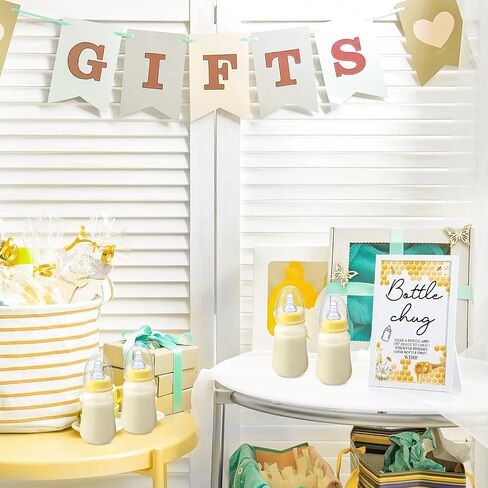 Roowest Bottle Chug Baby Shower Game Sign خشبية ديكور طاولة الألعاب 18 قطعة زجاجات أطفال 120 مل زجاجات حليب صغيرة زجاجات أطفال للعبة استحمام الطفل تكشف عن الجنس (الأوكالبتوس) in Kuwait