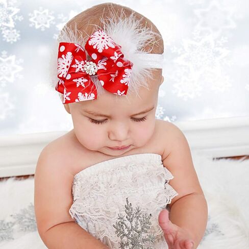 Lurrose Baby Girls Bowknot Headbands, 2Pcs Christmas Hair Bow Bands Elastic Headwraps with Snowflake Decoration Accessories for Newborns Infant Toddler in Kuwait