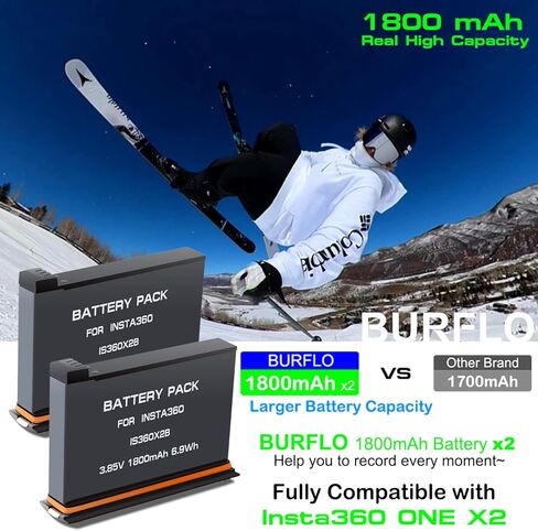 استبدال BURFLO 1800 مللي أمبير في الساعة لبطارية Insta360 ONE X2 القابلة لإعادة الشحن (عبوتين) وشاحن USB سريع ثلاثي القنوات متوافق مع ملحقات البطارية والشاحن الأصلية Insta360 ONE X2 (البطارية غير مقاومة للماء) in Kuwait