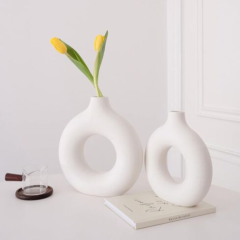 مزهريات السيراميك Hyindoor مجموعة من 2 - مزهريات زهرة مجوفة بيضاء لديكور المنزل، نمط الحد الأدنى الشمال المزهريات العصرية بوهو لحفلات الزفاف عشاء طاولة حفلة معيشة مكتب غرفة نوم، هدية ديكور in Kuwait