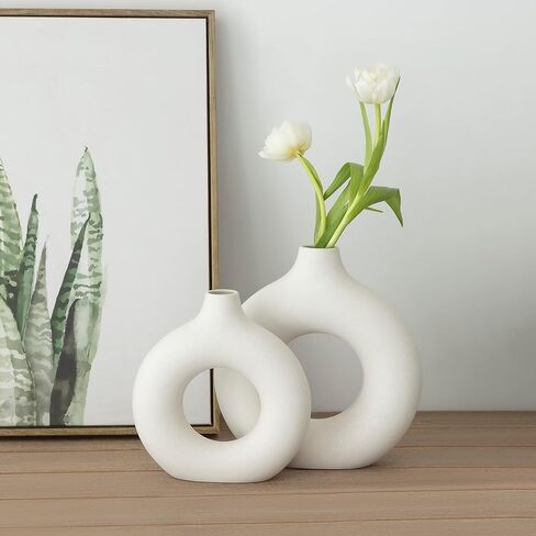 مزهريات السيراميك Hyindoor مجموعة من 2 - مزهريات زهرة مجوفة بيضاء لديكور المنزل، نمط الحد الأدنى الشمال المزهريات العصرية بوهو لحفلات الزفاف عشاء طاولة حفلة معيشة مكتب غرفة نوم، هدية ديكور in Kuwait