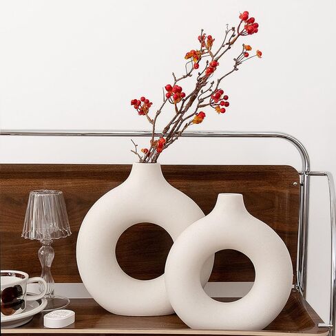 مزهريات السيراميك Hyindoor مجموعة من 2 - مزهريات زهرة مجوفة بيضاء لديكور المنزل، نمط الحد الأدنى الشمال المزهريات العصرية بوهو لحفلات الزفاف عشاء طاولة حفلة معيشة مكتب غرفة نوم، هدية ديكور in Kuwait